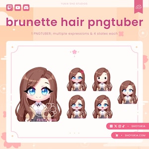 Op de afbeelding: Een digitale illustratie van een anime-personage met bruin haar en verschillende gezichtsuitdrukkingen. Het personage draagt een wit shirt, een bruin jack en een blauwe rok. De afbeelding is gelabeld met "brunette hair pngtuber".
