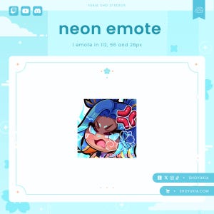 May include: A digital illustration of a cartoon character with blue hair and a red angry face. The character is surrounded by a blue and white neon glow. The text "neon emote" is above the image. The text "1 emote in 112, 56 and 28px" is below the image.