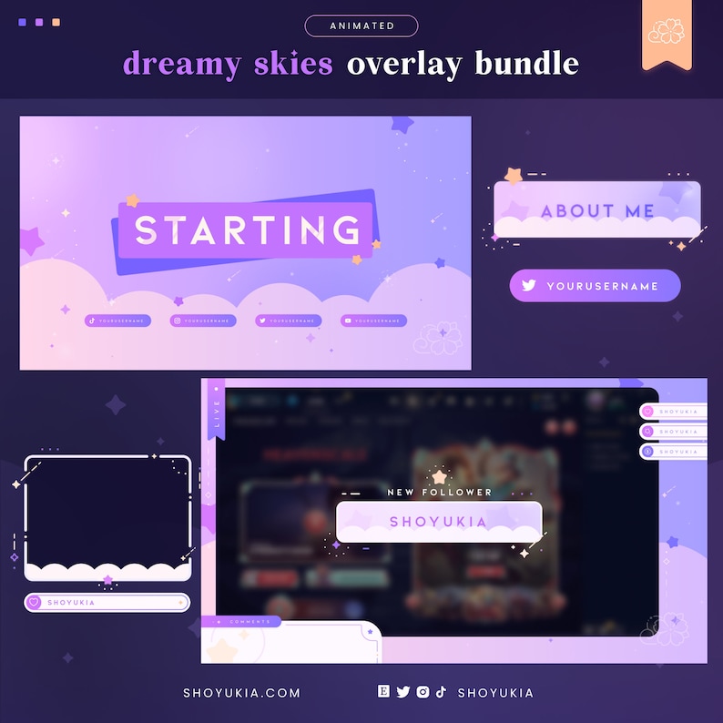 May include: Animated Twitch overlay bundle with a dreamy sky theme. The bundle includes a starting screen, a new follower alert, and an about me section. The colors are purple, pink, and white.