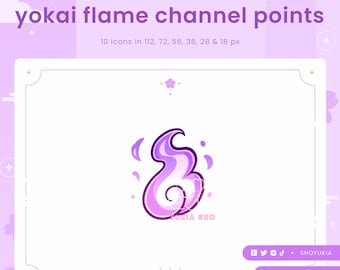 May include: Purple and pink flame icon with a white outline. The icon is surrounded by small white dots. The text "YUKIA SHO" is below the icon. The text "yokai flame channel points" is at the top of the image. The text "10 icons in 112, 72, 56, 36, 28 & 18 px" is below the title.