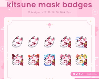 Insignias de suscripción de Twitch de máscara Kitsune (rojas) / Insignias de transmisión lindas, insignias de bits, ícono de puntos de canal, emoticones para streamers, Discord y YouTube