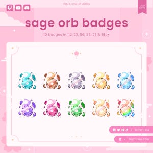 Peut inclure: Ensemble de 10 badges d'orbe de sauge colorés de différentes tailles, allant de 18 à 112 pixels. Les badges présentent un orbe tourbillonnant de couleur bleu clair, rose, vert, orange ou violet, entouré d'un halo blanc et de petits points blancs.