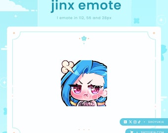 May include: A digital illustration of a cartoon character with blue hair and pink cheeks, with a white background. The character is making a frustrated expression with their mouth open and their eyes narrowed. The text "jinx emote" is above the character, and the text "1 emote in 112, 56 and 28px" is below the character.