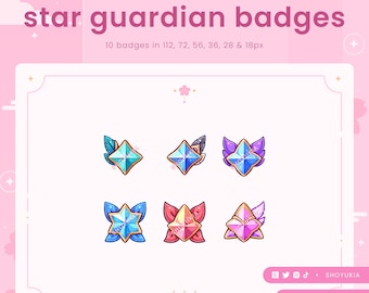 May include: Ten colourful star guardian badges in various sizes, ranging from 18 to 112 pixels. The badges feature a star-shaped gem with different coloured wings and accents.