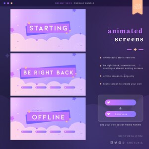 May include: A set of animated and static Twitch stream overlays with a dreamy sky background. The overlays feature text such as "Starting", "Be Right Back", and "Stream is Offline".