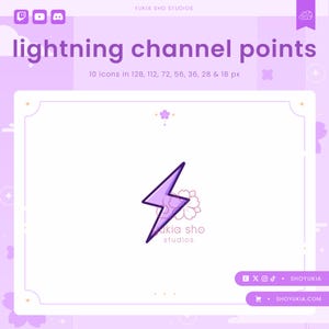 May include: A light purple graphic featuring a lightning bolt design, titled "lightning channel points." The image includes the text "YUKIA SHO STUDIOS" and social media icons. The graphic is available in 10 sizes, ranging from 18 to 128 pixels.