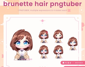 May include: Digital art of a brunette hair pngtuber with multiple expressions. The image features a cartoon character with brown hair, blue eyes, and various facial expressions. The text "brunette hair pngtuber" is displayed at the top.