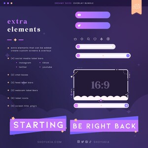 May include: A purple and white overlay bundle for Twitch or YouTube streams. The bundle includes a variety of elements, such as social media label bars, chat boxes, feed label bars, webcam label bars, label icons, and screen title PNGs. The bundle also includes a 16:9 screen frame with a cloud-like bottom edge. The text "STARTING" and "BE RIGHT BACK" are displayed on two purple and white buttons.
