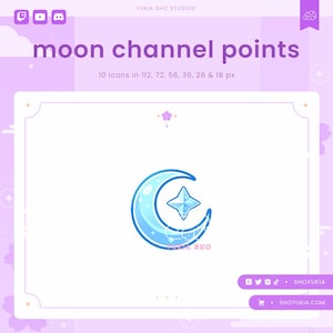 Puede incluir: Una luna creciente azul con una estrella blanca en su interior, sobre un fondo blanco. El texto "moon channel points" est&aacute; por encima de la luna y "10 icons in 112, 72, 56, 36, 28 & 18 px" est&aacute; debajo de la luna.