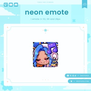 May include: A neon blue and purple animated emote of a cartoon character with blue hair wearing headphones and a pink music note. The emote is available in 112, 56 and 28 pixels.