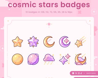 May include: A digital set of ten cosmic stars badges in shades of pink and purple, featuring stars, moons, a planet, and clouds. The text reads cosmic stars badges, 10 badges in 128, 112, 72, 56, 36, 28 & 18px, YUKIA SHO STUDIOS, and SHOYUKIA.COM.