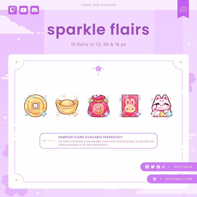 May include: A set of five digital illustrations of Chinese New Year themed icons. The icons are a gold coin, a gold ingot, a red bag with Chinese characters, a red envelope with a rabbit, and a white cat holding a gold coin. The icons are set against a white background with a pink border.