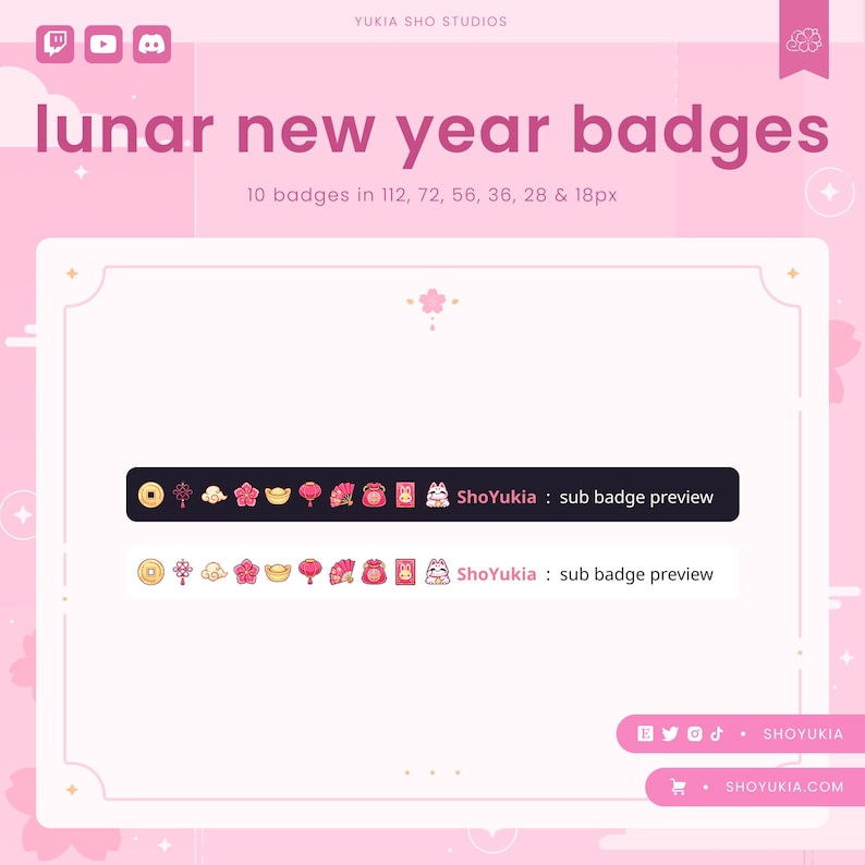 May include: A pink and white graphic with the text "lunar new year badges" and "ShoYukia: sub badge preview". The graphic features 10 small, colourful badges with Chinese New Year themes, such as a gold coin, a red lantern, and a cherry blossom.