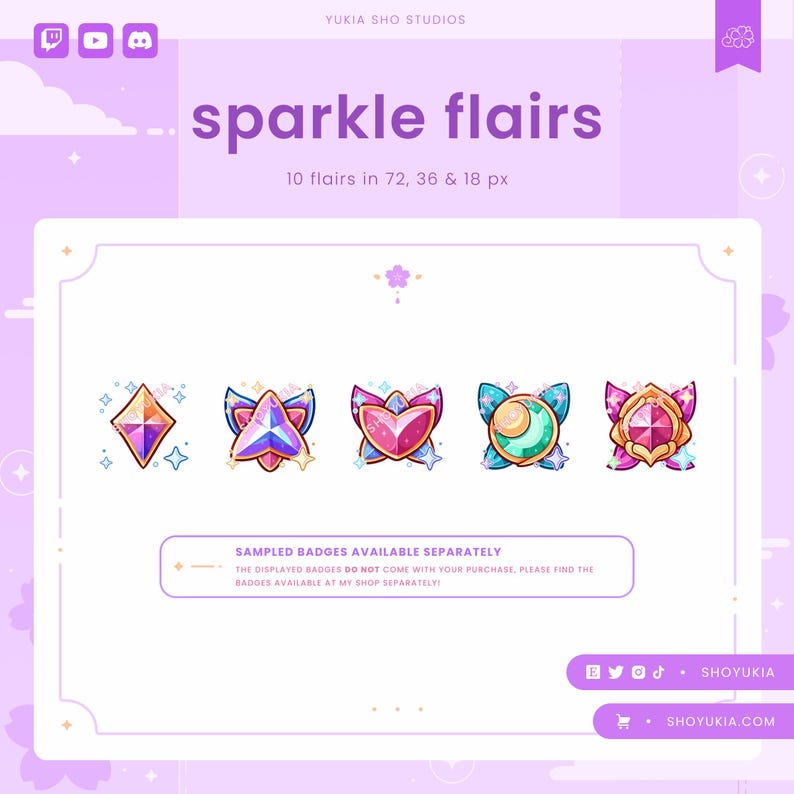 May include: A set of 10 sparkle flairs in various colors and designs, including a diamond, a star, a heart, a crescent moon, and a gem. The flairs are available in 72, 36, and 18 pixels.