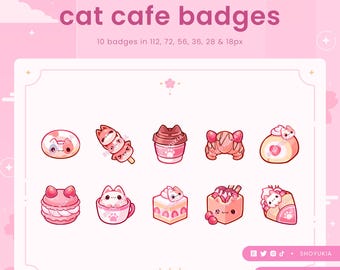 Insignias de suscripción de Twitch de Cat Cafe (rosas) / Insignias de transmisión lindas, insignias de bits, ícono de puntos de canal, emoticones para streamers, Discord y YouTube
