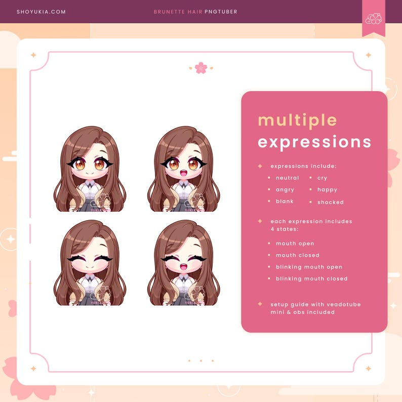 May include: A set of four digital illustrations of a cartoon girl with brown hair and different facial expressions. The expressions include neutral, happy, angry, and shocked. Each expression has four variations: mouth open, mouth closed, blinking mouth open, and blinking mouth closed. The text "multiple expressions" is at the top of the image.