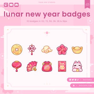 May include: Ten pink and gold Chinese New Year badges featuring various symbols such as a coin, a knot, a cloud, a flower, a gold bar, a lantern, a fan, a money bag, a red envelope with a rabbit, and a white cat. The badges are in various sizes, from 18 to 112 pixels.