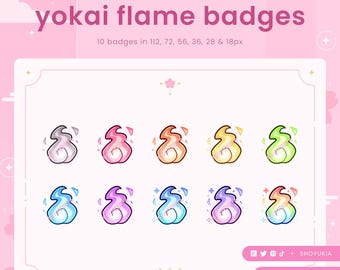 May include: Ten colorful flame badges in various sizes, ranging from 18 to 112 pixels. The badges feature a stylized flame design with a cute, cartoon-like appearance. The flames are in shades of gray, pink, orange, yellow, green, blue, purple, and light blue.