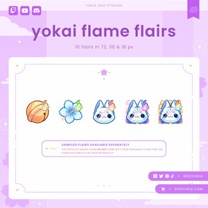 K&ouml;nnte beinhalten: Ein Set mit 10 Yokai-Flammen-Flairs in verschiedenen Gr&ouml;&szlig;en, darunter eine Glocke, eine Blume und ein Fuchs. Die Flairs sind in 72, 36 und 18 Pixel verf&uuml;gbar. Der Text "SAMPLED FLAIRS AVAILABLE SEPARATELY" wird unter den Flairs angezeigt.