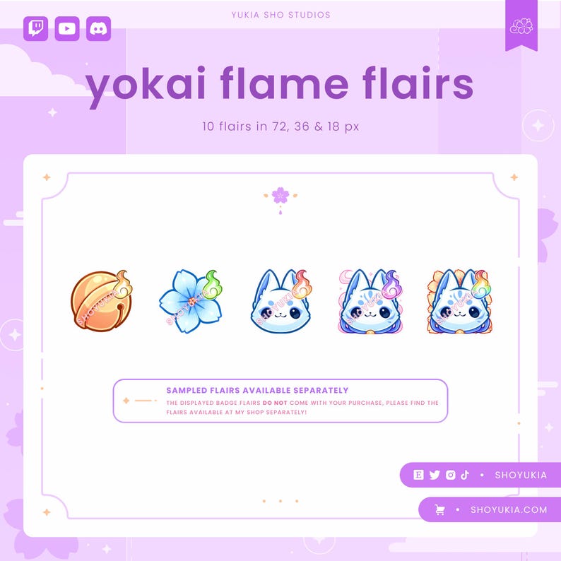K&ouml;nnte beinhalten: Ein Set mit 10 Yokai-Flammen-Flairs in verschiedenen Gr&ouml;&szlig;en, darunter eine Glocke, eine Blume und ein Fuchs. Die Flairs sind in 72, 36 und 18 Pixel verf&uuml;gbar. Der Text "SAMPLED FLAIRS AVAILABLE SEPARATELY" wird unter den Flairs angezeigt.