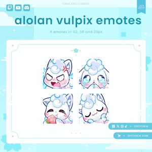 Puede incluir: Cuatro emoticonos animados con un Vulpix de Alola con diferentes expresiones. Los emoticonos están en un esquema de color blanco, azul y rosa. El texto "alolan vulpix emotes" está en la parte superior de la imagen. El texto "4 emotes in 112, 56 and 28px" está debajo del título. El texto "SHOYUKIA" y "SHOYUKIA.COM" está en la parte inferior de la imagen.