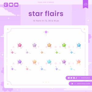 Puede incluir: Un conjunto de 10 distintivos de chat de Twitch en forma de estrella de colores con un diseño de constelación. Los distintivos están disponibles en tres tamaños: 72, 36 y 18 píxeles.