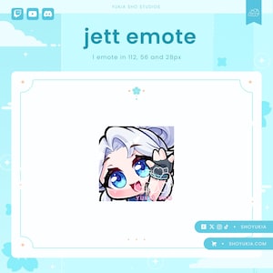 May include: A digital illustration of a cartoon character with white hair, blue eyes, and a pink mouth. The character is wearing a blue shirt with a white collar and a black glove on their right hand. The character is waving. The image is labelled "jett emote" and includes the text "1 emote in 112, 56 and 28px".