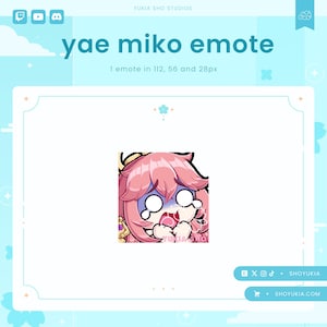 May include: A pink and blue digital illustration of Yae Miko, a character from the video game Genshin Impact, with a surprised expression. The illustration is in the style of an emote, a small image used in online chat.