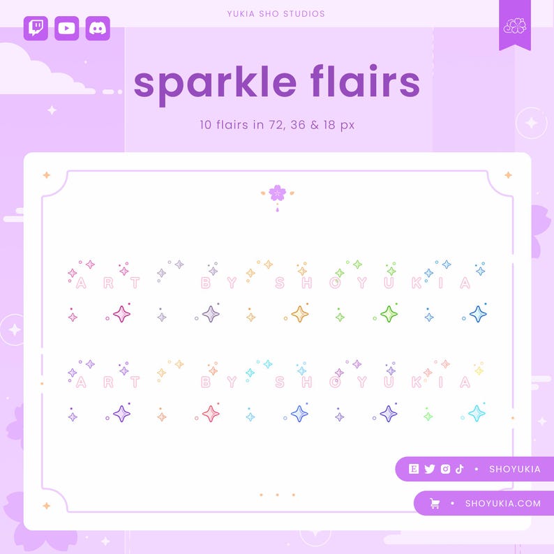 May include: A set of 10 sparkle flairs in various colors, including pink, blue, green, yellow, and purple. The flairs are in three sizes: 72, 36, and 18 pixels. The flairs are arranged in two rows, with the letters "ART BY SHOYUKIA" spelled out in each row.