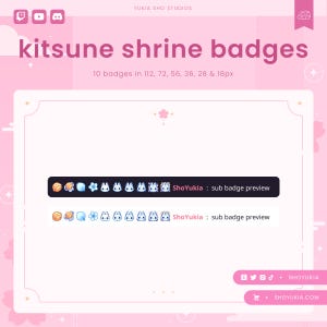 K&ouml;nnte beinhalten: Eine digitale Illustration in Rosa und Wei&szlig; eines Kitsune-Schrein-Abzeichen-Sets. Das Bild zeigt 10 Abzeichen in verschiedenen Gr&ouml;&szlig;en von 18 bis 112 Pixel. Die Abzeichen zeigen einen Kitsune, einen japanischen Fabelwesen-Fuchs, in einem blau-wei&szlig;en Farbschema. Der Text "ShoYukia: Vorschau des Abzeichens" ist auf dem Bild zu sehen.