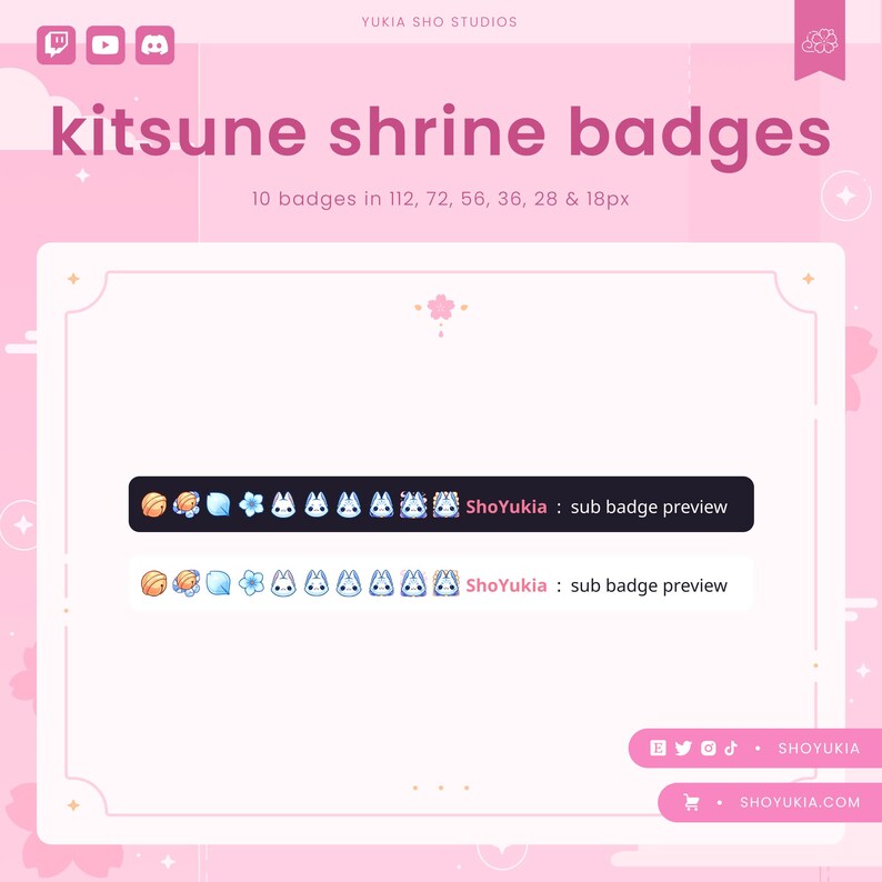 K&ouml;nnte beinhalten: Eine digitale Illustration in Rosa und Wei&szlig; eines Kitsune-Schrein-Abzeichen-Sets. Das Bild zeigt 10 Abzeichen in verschiedenen Gr&ouml;&szlig;en von 18 bis 112 Pixel. Die Abzeichen zeigen einen Kitsune, einen japanischen Fabelwesen-Fuchs, in einem blau-wei&szlig;en Farbschema. Der Text "ShoYukia: Vorschau des Abzeichens" ist auf dem Bild zu sehen.