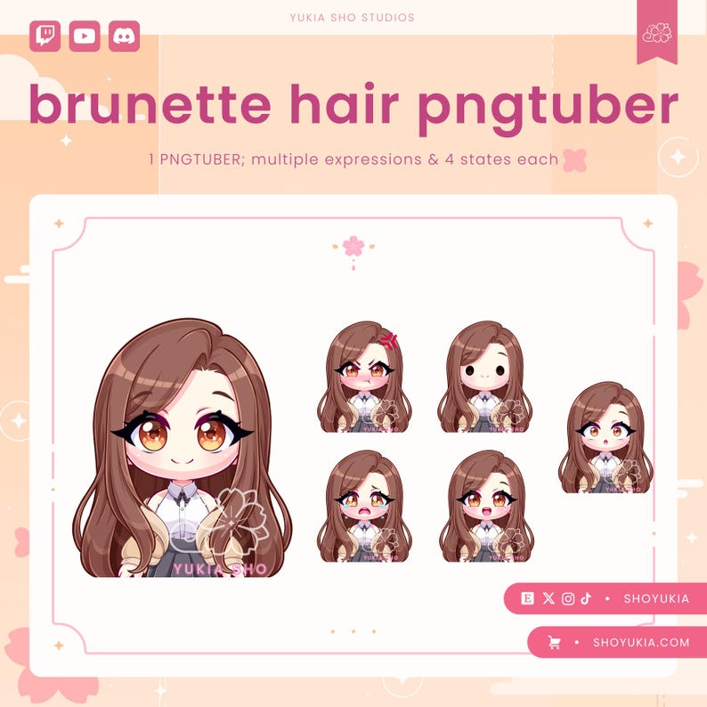 May include: A set of eight animated avatars of a brunette character with different expressions. The character is wearing a white shirt, a beige jacket, and a gray skirt. The text "1 PNGTUBER; multiple expressions & 4 states each" is displayed above the avatars.