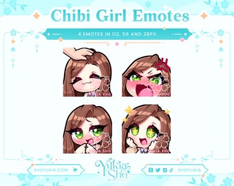 Brunette Hair Green Eyes Chibi Emote Set (Set 2) for Twitch/Discord |  Custom Twitch Emotes | Emote Pack | Discord Stickers | Stream Emotes