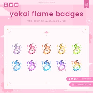 以下が含まれることがあります： 「yokai flame badges」のテキストと10個のカラフルな炎のデザインが描かれたピンク色のグラフィック。炎は紫、ピンク、オレンジ、黄色、緑など様々な色で表現されています。画像には「10 badges in 112, 72, 56, 36, 28 & 18px」のテキストも含まれています。