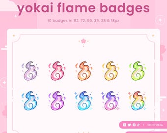 May include: A pink graphic with the text "yokai flame badges" and 10 colorful flame designs. The flames are in various colors, including purple, pink, orange, yellow, and green. The image also includes the text "10 badges in 112, 72, 56, 36, 28 & 18px."