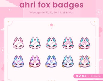 Insignias de suscripción de Twitch de Ahri Spirit Blossom Fox / Insignias de transmisión lindas, insignias de bits, ícono de puntos de canal, emoticones para streamers, Discord y YouTube