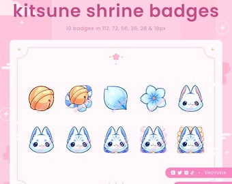 Puede incluir: Diez insignias digitales que representan un kitsune, un zorro mítico japonés, en varias poses y con diferentes accesorios. Las insignias son de color azul, blanco y dorado y están diseñadas para su uso en plataformas de redes sociales.