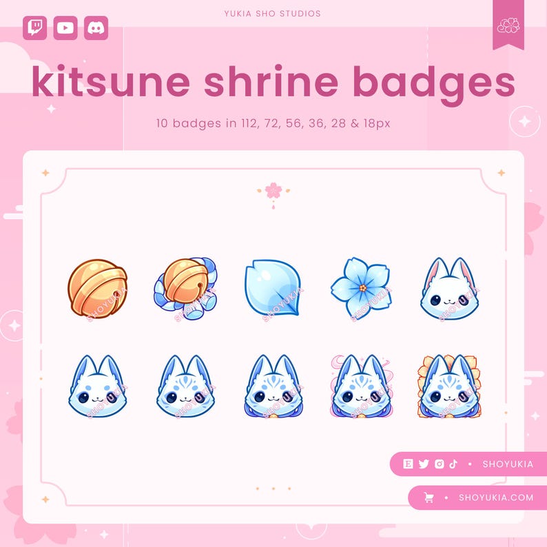 K&ouml;nnte beinhalten: Zehn digitale Abzeichen mit einem Kitsune, einem japanischen Fabelwesen, in verschiedenen Posen und mit unterschiedlichen Accessoires. Die Abzeichen sind in den Farben Blau, Wei&szlig; und Gold gehalten und f&uuml;r die Verwendung auf Social-Media-Plattformen konzipiert.