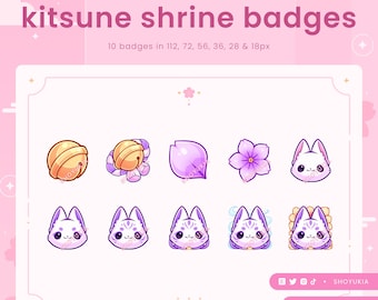 Puede incluir: Diez insignias digitales coloridas que representan un kitsune, un zorro mítico japonés, en varias poses y con diferentes accesorios. Las insignias son de diferentes tamaños, que van desde 18 hasta 112 píxeles. El texto "kitsune shrine badges" está en la parte superior de la imagen.