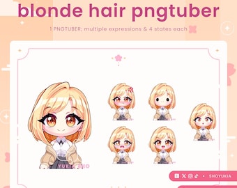 May include: A set of animated avatars featuring a blonde-haired character with different expressions. The character is wearing a white shirt, a brown jacket, and a black skirt. The text "blonde hair pngtuber" is at the top of the image.