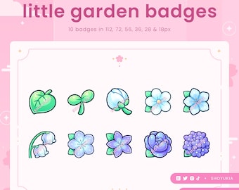 Op de afbeelding: Een roze afbeelding met de tekst "little garden badges" en 10 bloemenillustraties. De badges zijn beschikbaar in verschillende formaten, waaronder 112, 72, 56, 36, 28 en 18px. De afbeelding bevat ook social media-iconen en een websiteadres.
