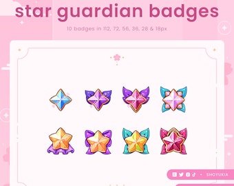 May include: Ten colourful star guardian badges in various sizes, ranging from 18 to 112 pixels. The badges feature a star with different coloured gems and decorative elements like wings and bows.