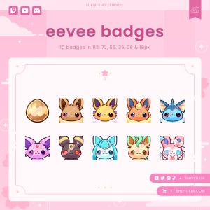 May include: A set of ten digital badges featuring different variations of the Pokemon Eevee. The badges are in various sizes, ranging from 18 to 112 pixels. The badges are designed in a cute, cartoon style with bright colours.