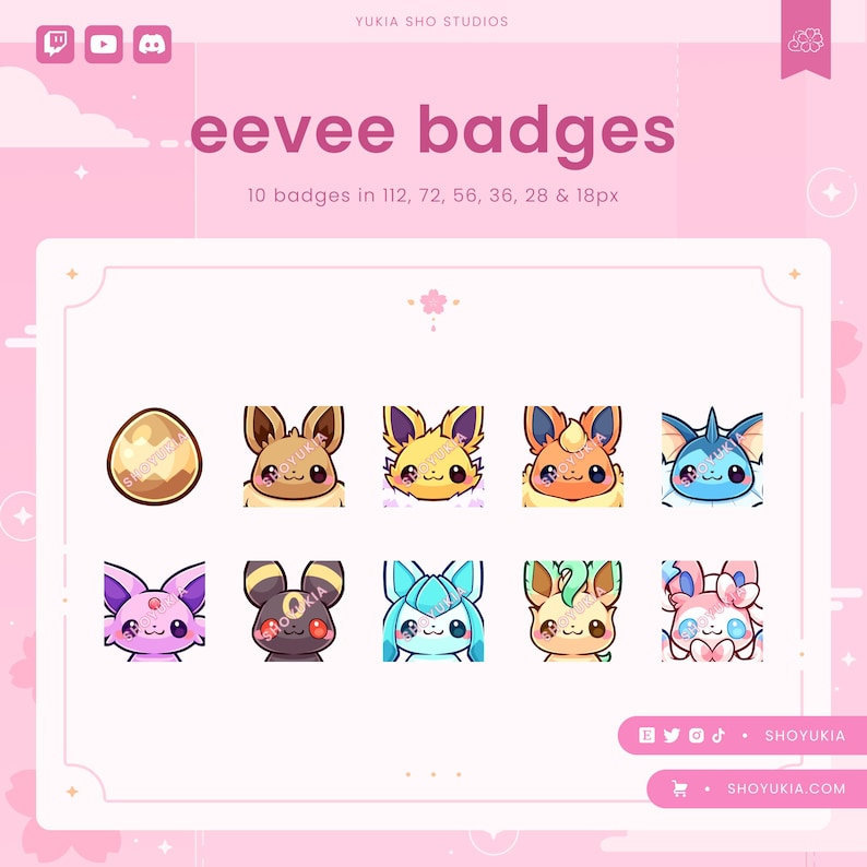 May include: A set of ten digital badges featuring different variations of the Pokemon Eevee. The badges are in various sizes, ranging from 18 to 112 pixels. The badges are designed in a cute, cartoon style with bright colours.