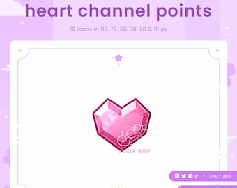 May include: Pink heart-shaped channel point icon with a white flower design. 10 icons in 112, 72, 56, 36, 28 & 18 pixels.