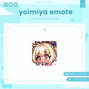 Könnte beinhalten: Eine digitale Illustration einer Comicfigur mit blonden Haaren und braunen Augen. Die Figur trägt ein rot-goldenes Outfit. Das Bild ist mit "yoimiya emote" betitelt und enthält den Text "1 emote in 112, 56 and 28px".