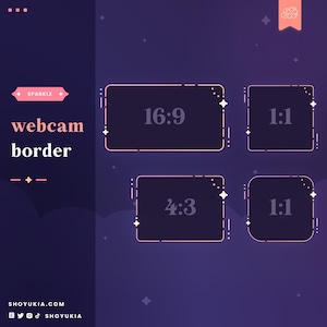Puede incluir: Cuatro marcos de borde de cámara web diferentes con un diseño brillante. Los marcos están etiquetados con relaciones de aspecto: 16:9, 1:1, 4:3 y 1:1.