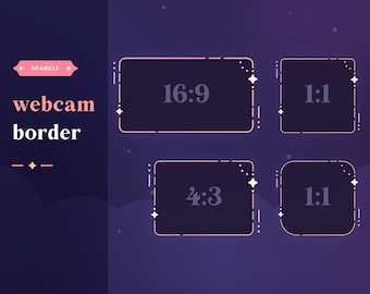 May include: Four different webcam border frames with a sparkle design. The frames are labeled with aspect ratios: 16:9, 1:1, 4:3, and 1:1.