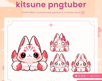 Może przedstawiać: Różowo-biały kitsune, japoński mityczny lis, z różnymi wyrażeniami twarzy. Kitsune siedzi z łapami przed sobą. Tekst "kitsune pngtuber" znajduje się w górnej części obrazu.