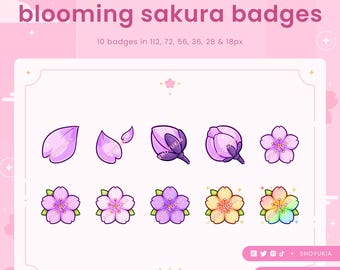 May include: Ten pink and purple sakura flower badges in various sizes, including a single petal, a bud, a full bloom, and a rainbow flower. The badges are arranged in two rows on a pink background with the text "blooming sakura badges" and "10 badges in 112, 72, 56, 36, 28 & 18px".